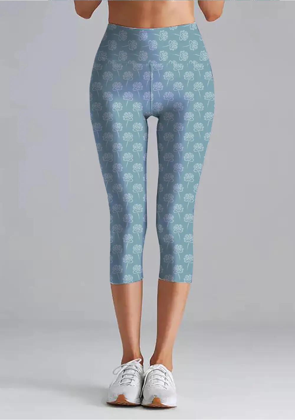 Roses Teal Women High Waist Capri Leggings Pant