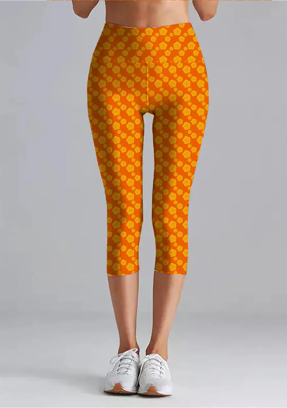 Yellow Floral Printed Women High Waist Capri Leggings Pant