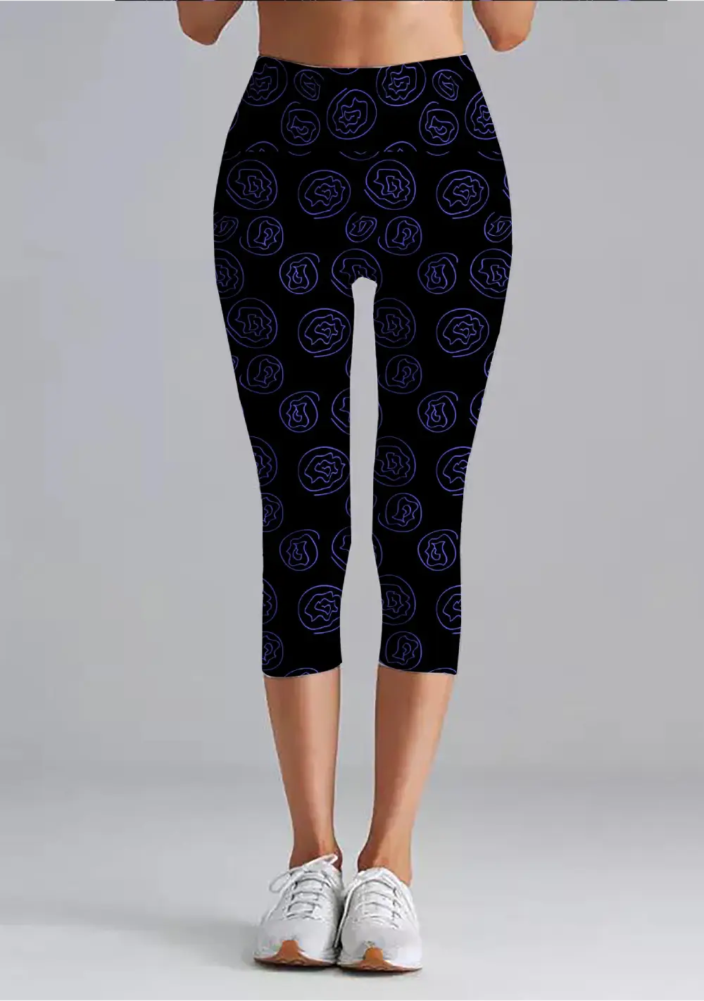 Lavender Floral Print Black Women High Waist Capri Leggings Pant