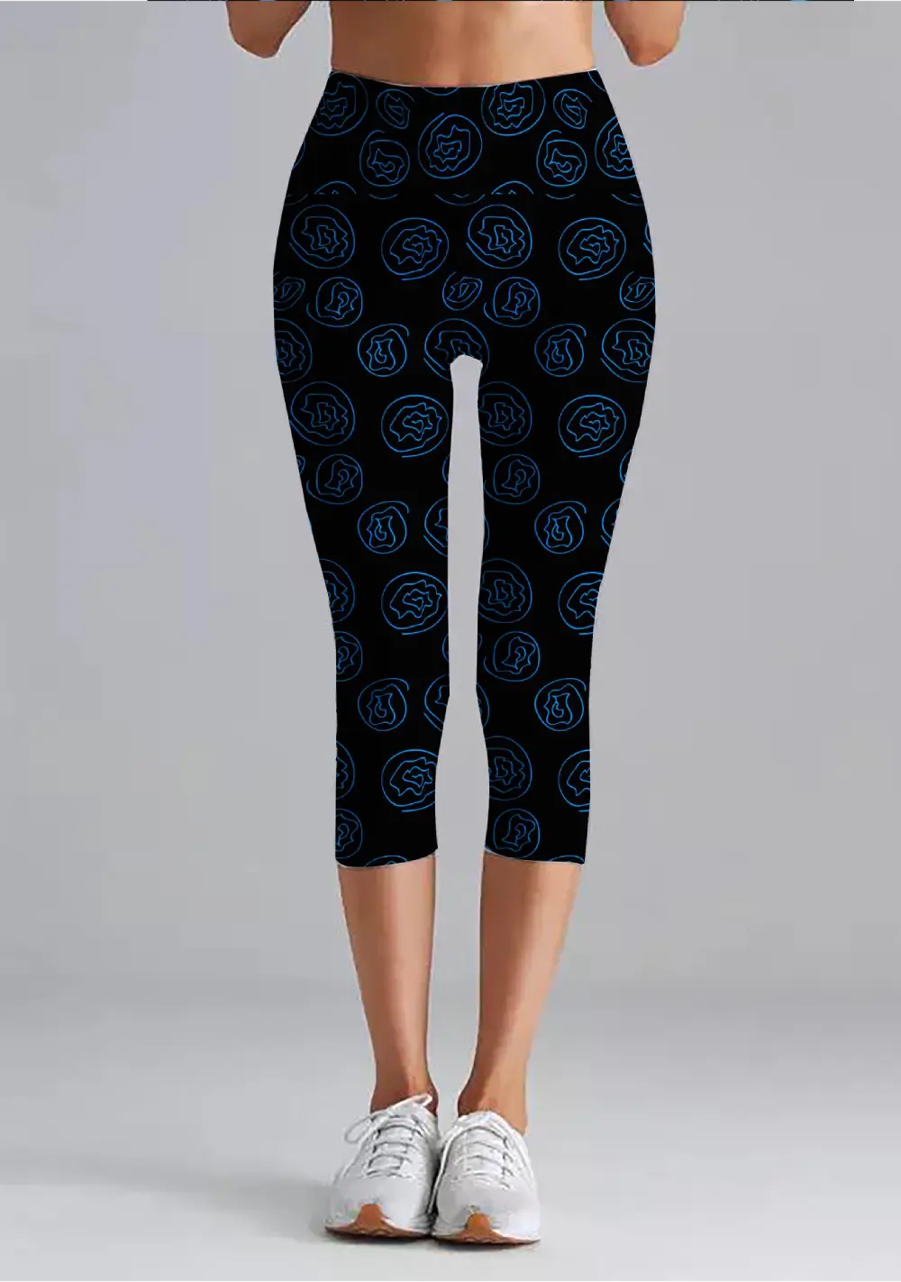 Blue Floral Printed Black Women High Waist Capri Leggings Pant