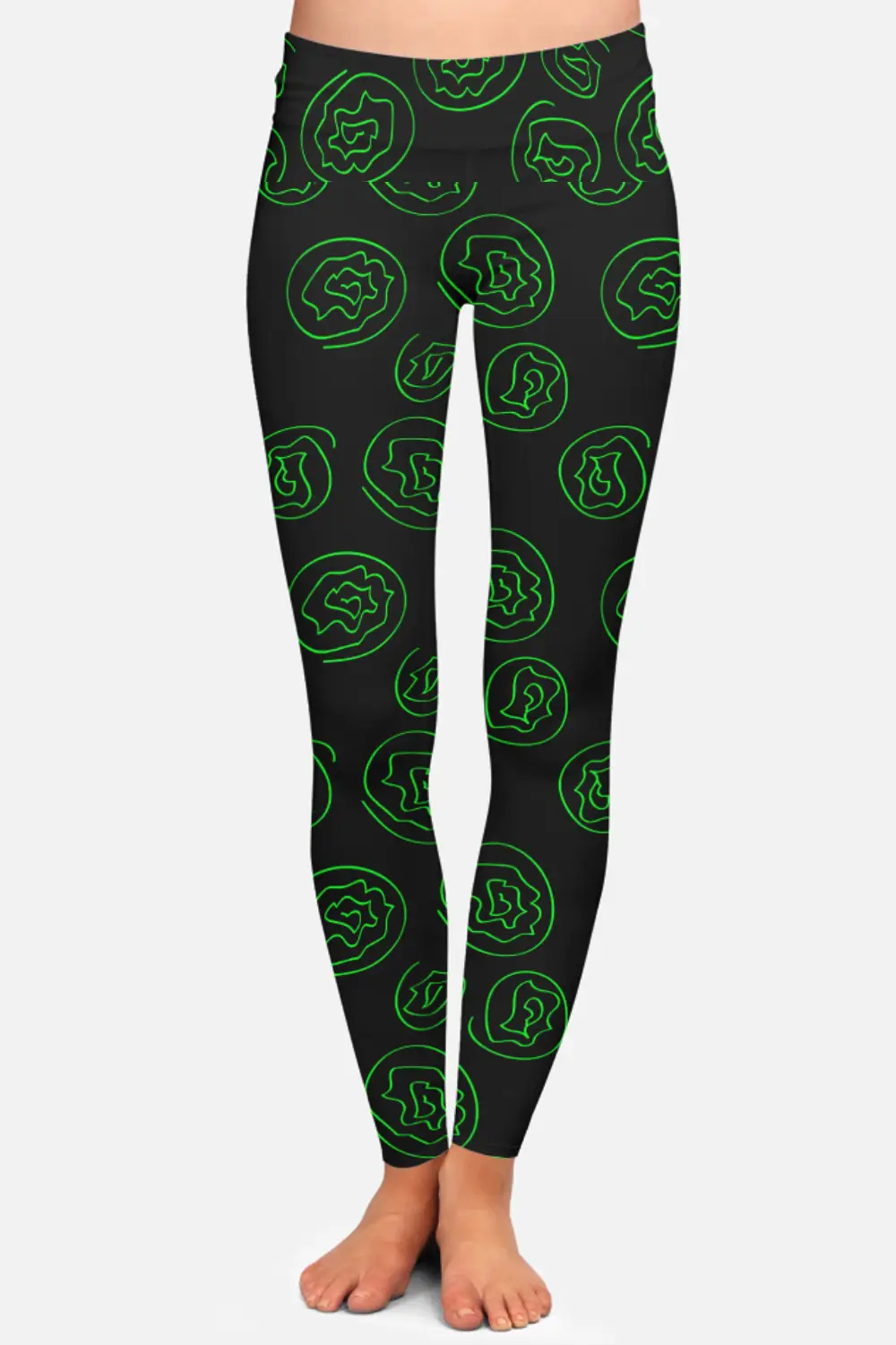 Green Floral Printed Black Women High Waist Leggings Pant