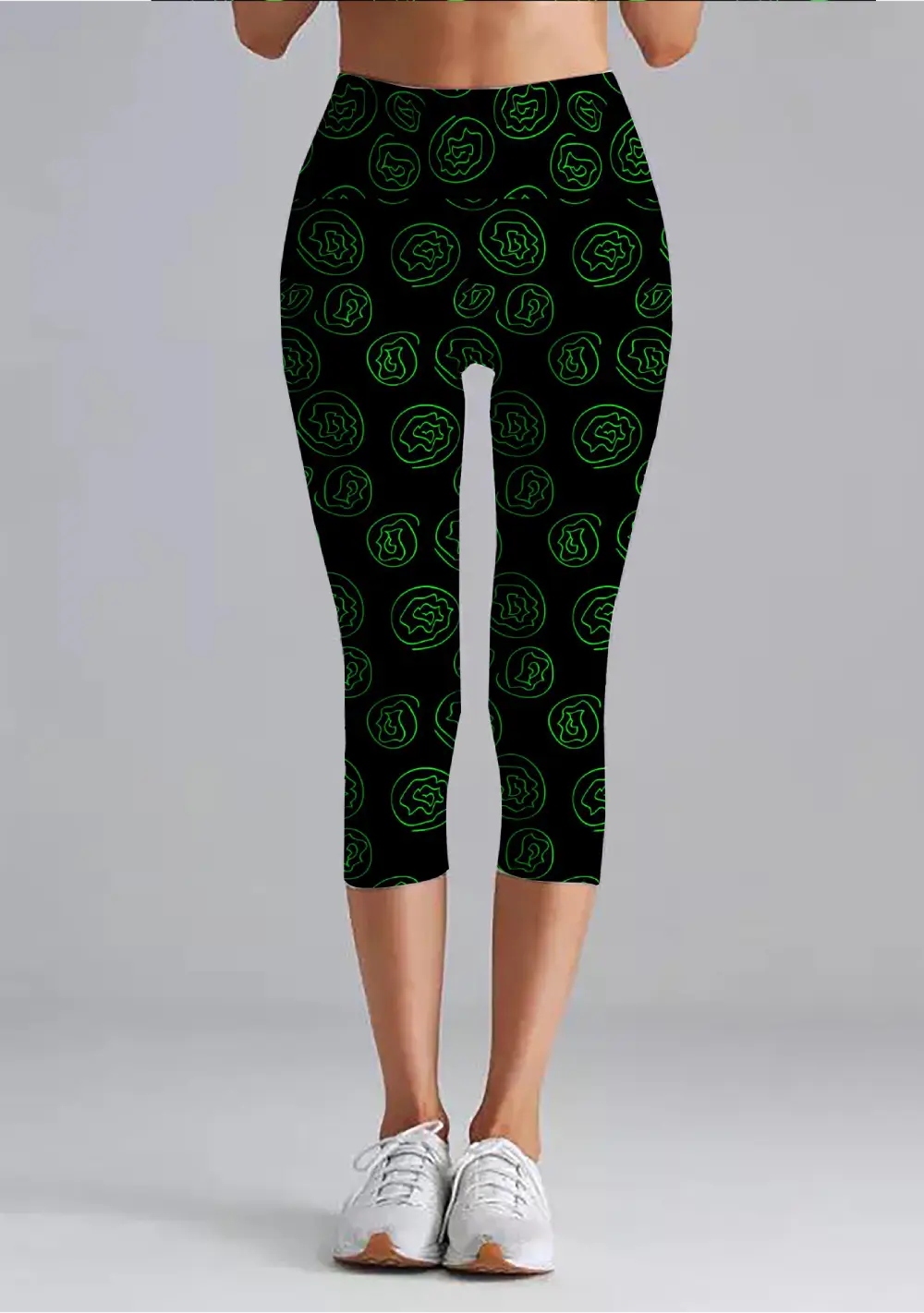 Green Floral Printed Black Women High Waist Capri Leggings Pant