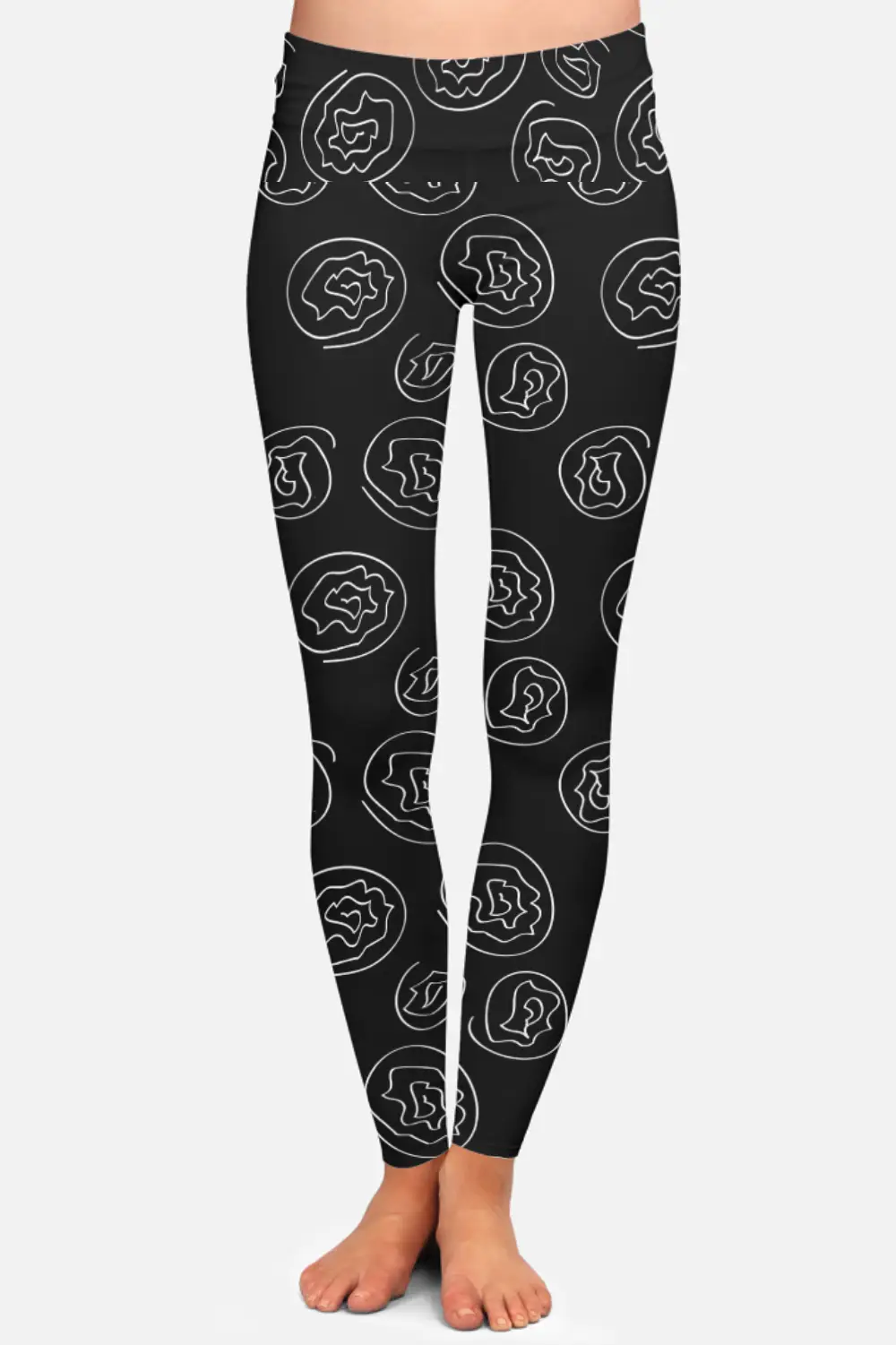 White Flower Printed Black Women High Waist Leggings Pant