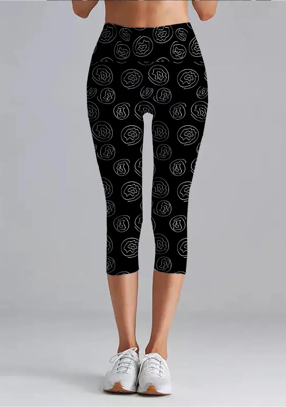 White Flower Printed Black Women High Waist Capri Leggings Pant