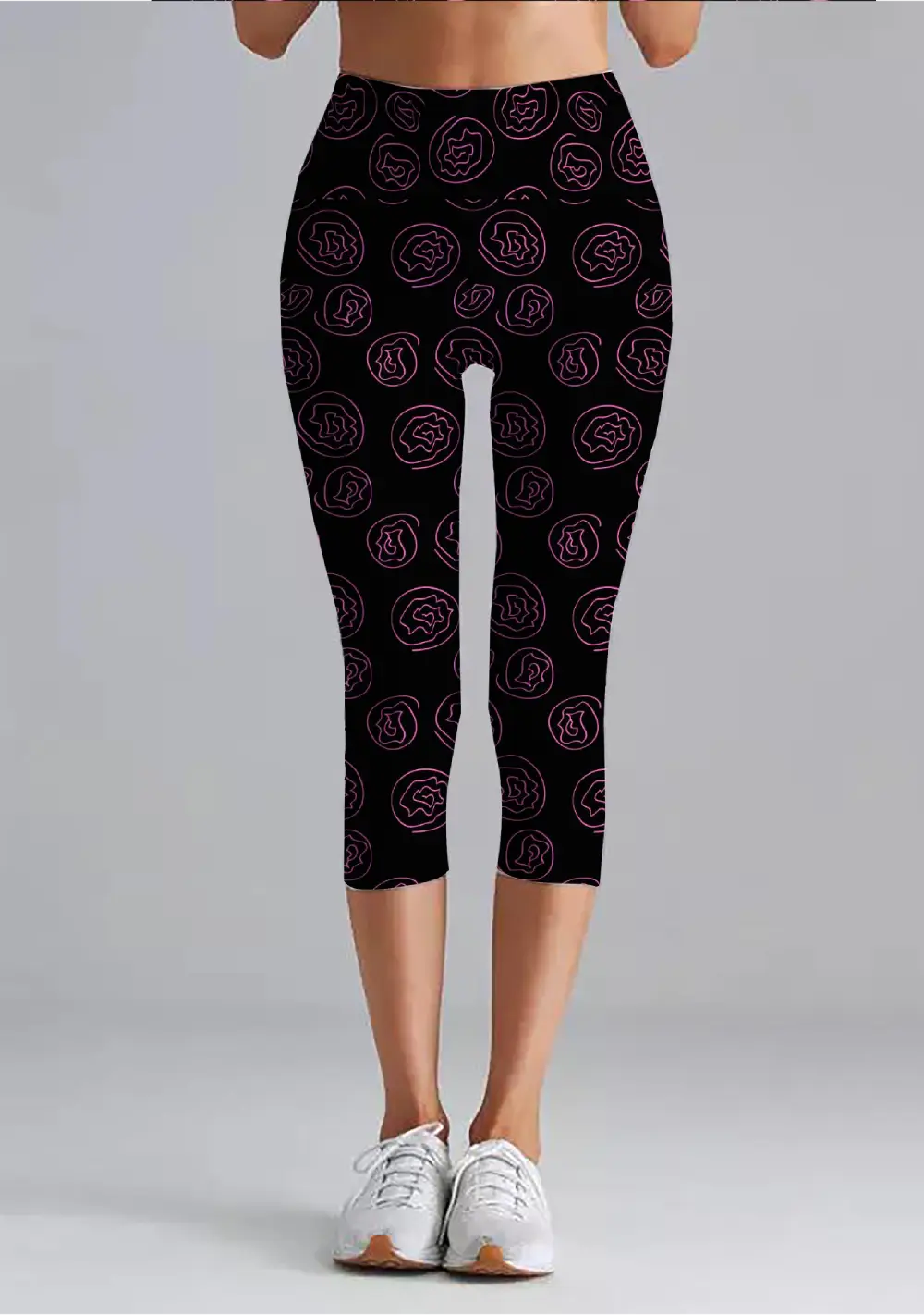 Pink Floral Printed Black Women High Waist Capri Leggings Pant