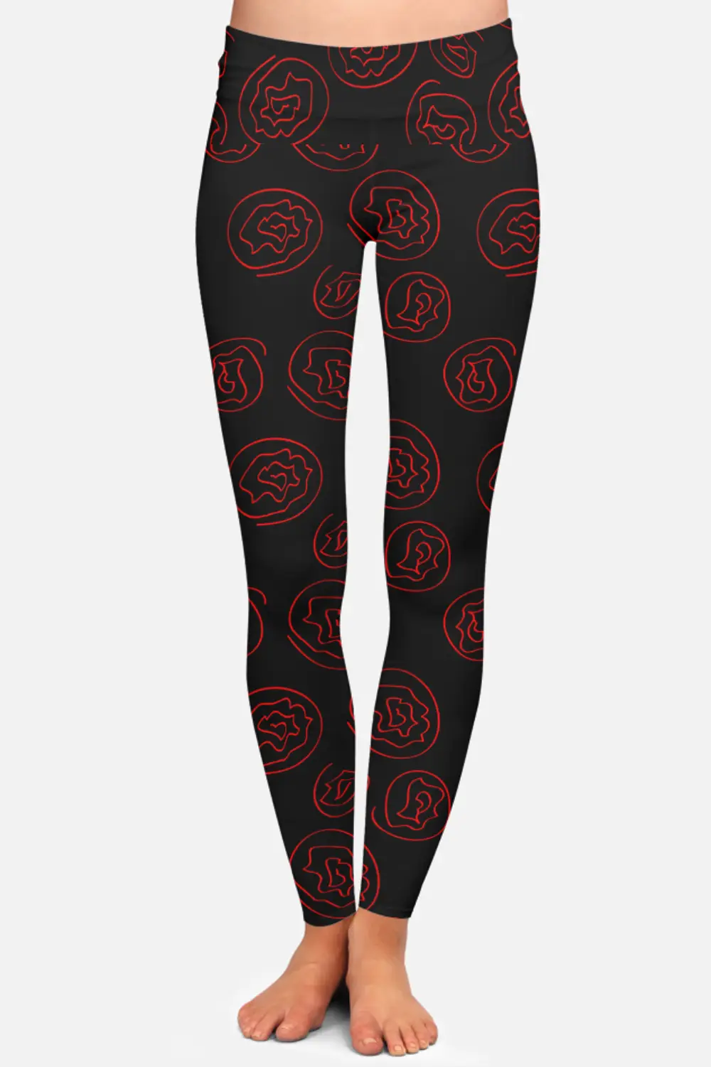 Red Flower Printed Black Women High Waist Leggings Pant