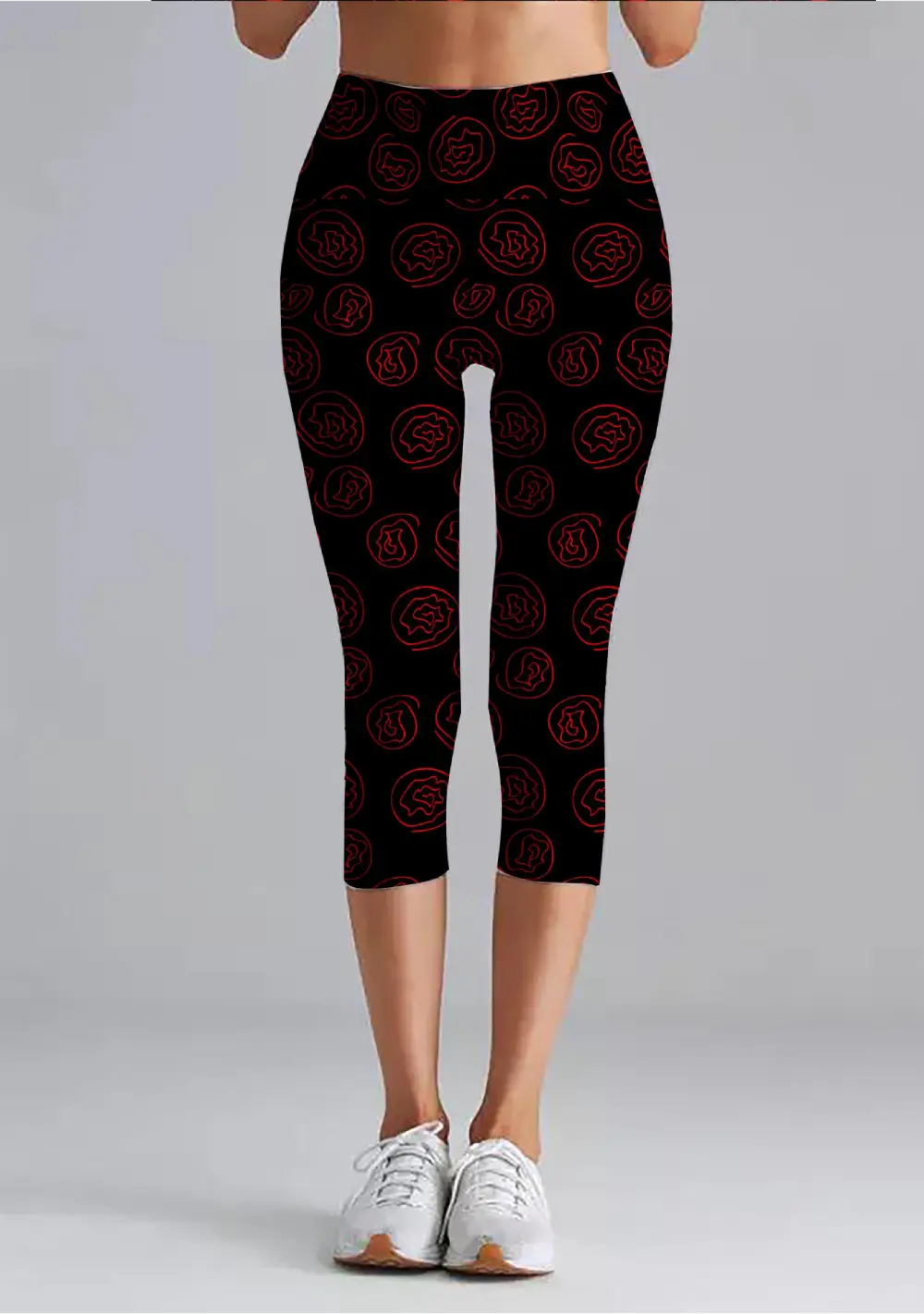 Red Flower Printed Black Women High Waist Capri Leggings Pant