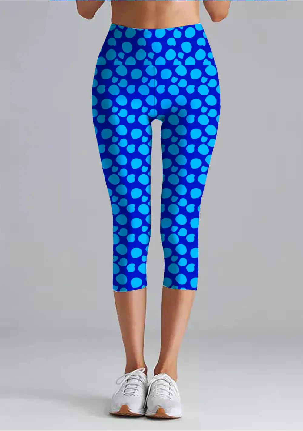 Blue Polka Dots Women High Waist Capri Leggings Pant