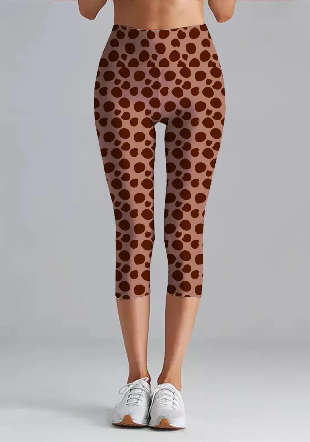 Polka Dots Brown Women High Waist Capri Leggings Pant