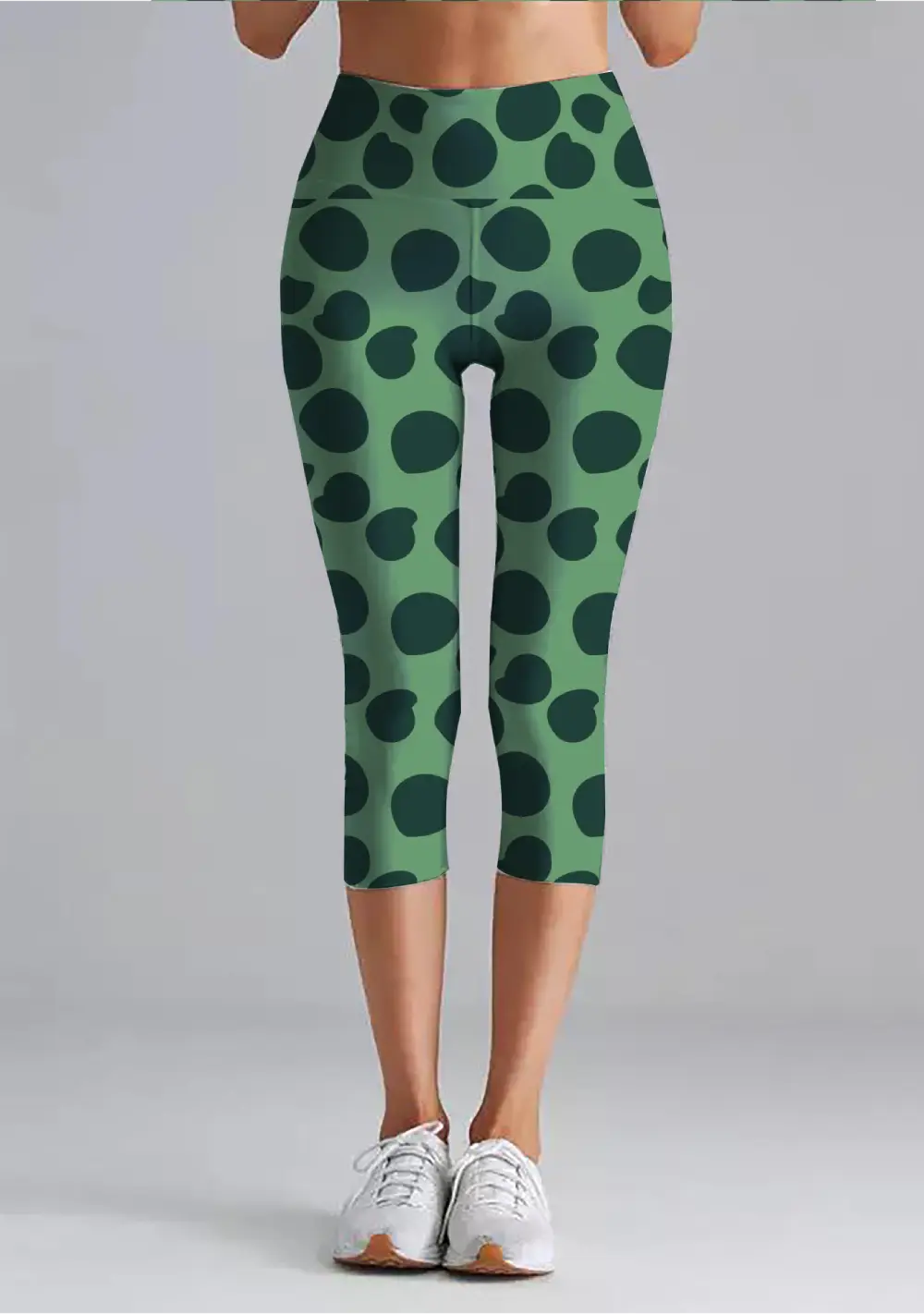 Polka Dots Green Women High Waist Capri Leggings Pant