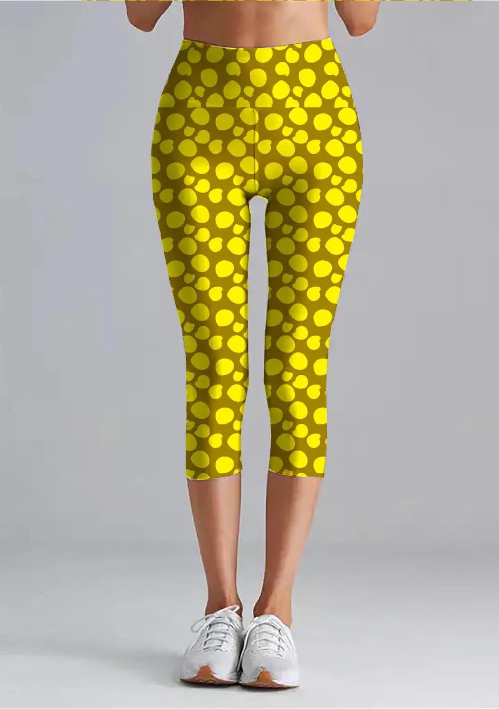 Polka Dots Yellow Women High Waist Capri Leggings Pant