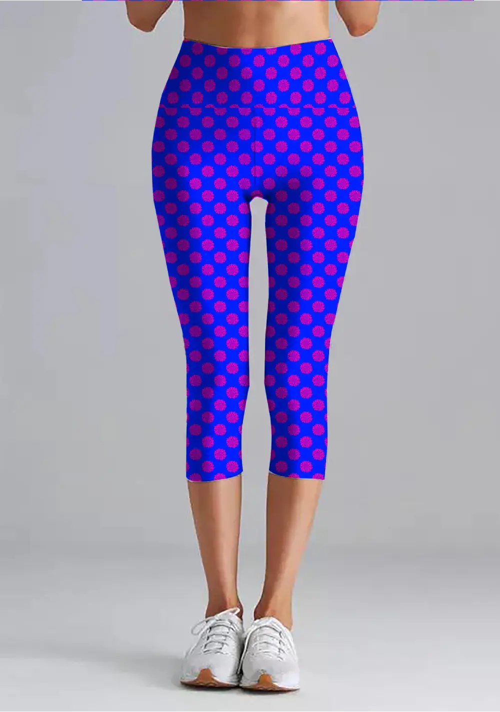 Flower Prints Blue Women High Waist Capri Leggings Pant