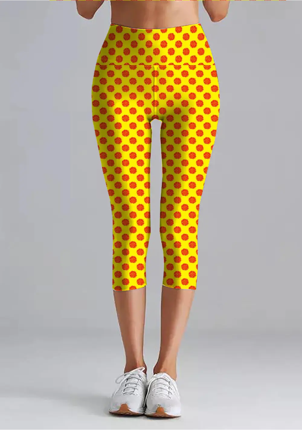 Flower Prints Yellow Women High Waist Capri Leggings Pant