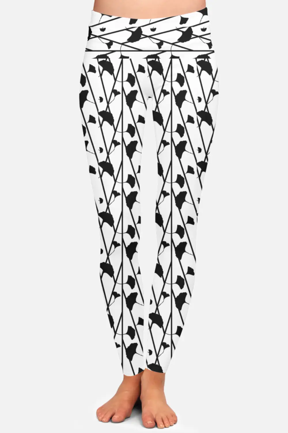 White Black Floral Print Women High Waist Leggings Pant