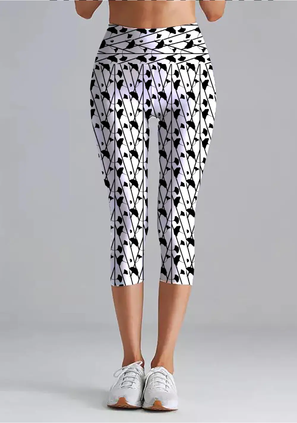 White Black Floral Print Women High Waist Capri Leggings Pant