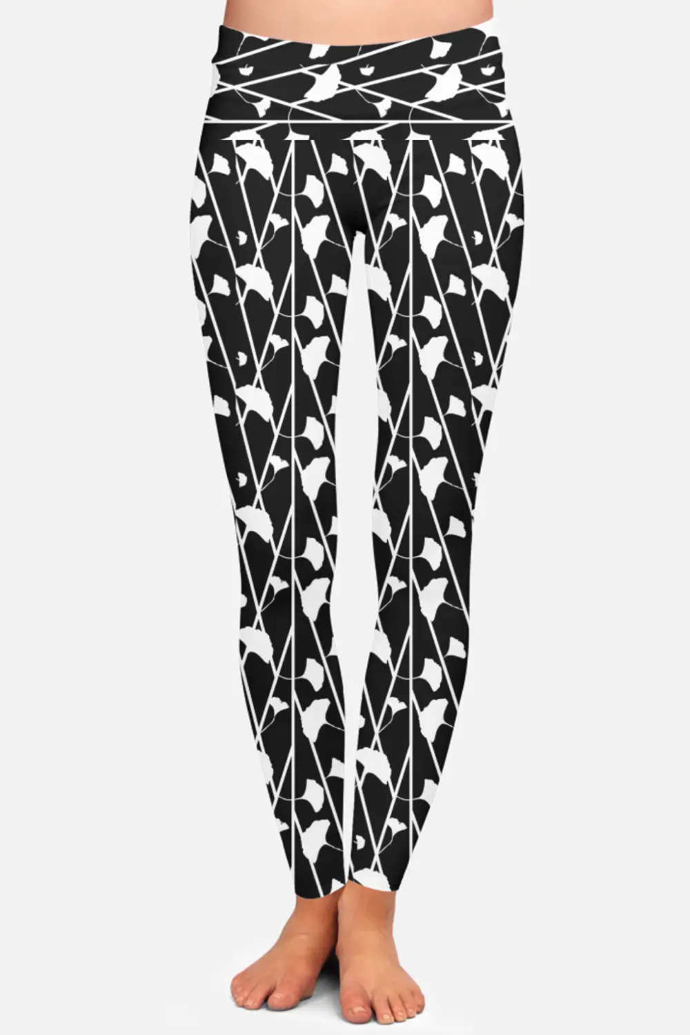Black White Floral Printed Women High Waist Leggings Pant