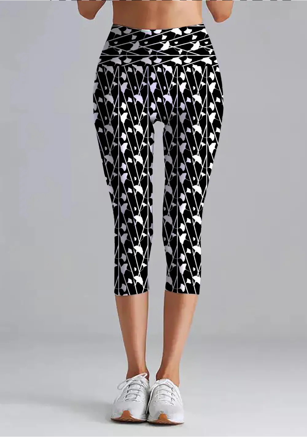 Black White Floral Printed Women High Waist Capri Leggings Pant
