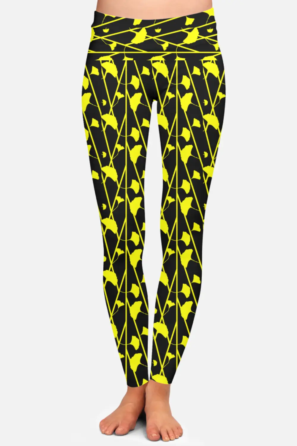Black Yellow Floral Printed Women High Waist Leggings Pant