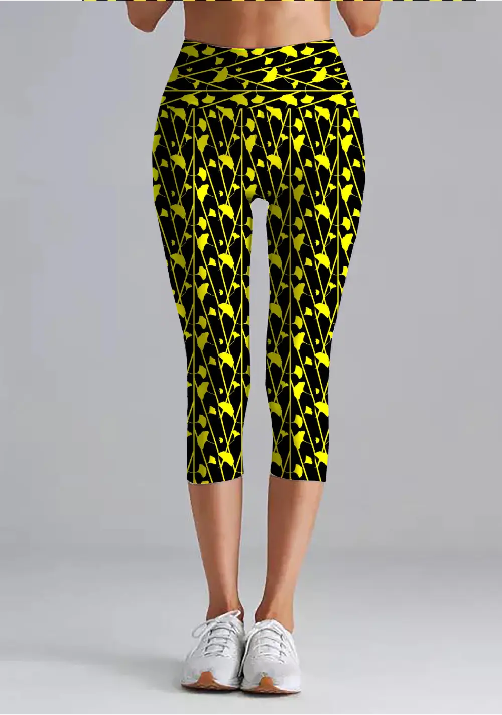 Black Yellow Floral Printed Women High Waist Capri Leggings Pant