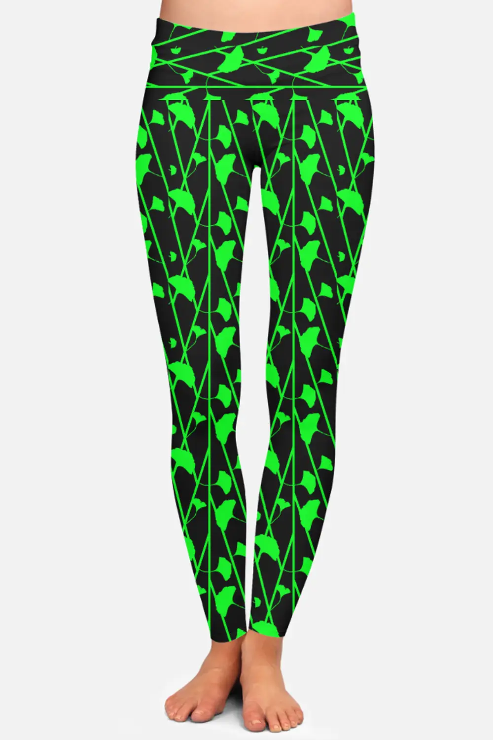 Black Green Floral Printed Women High Waist Leggings Pant