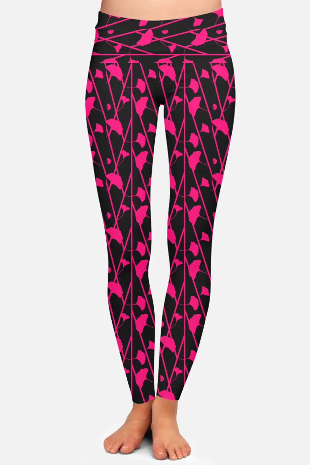 Black Pink Floral Print Women High Waist Leggings Pant
