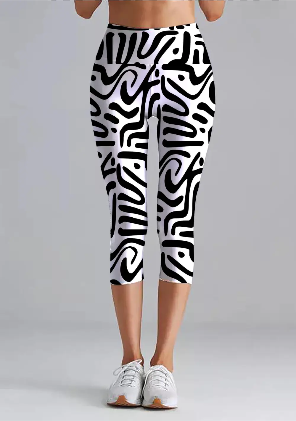 Striped White Women High Waist Capri Leggings Pant