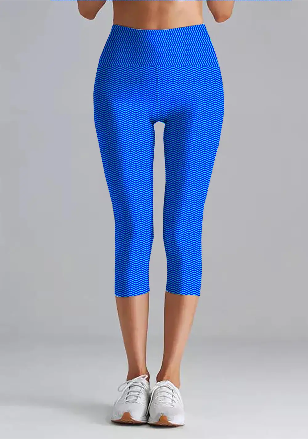 Zigzag Print Blue Women High Waist Capri Leggings Pant