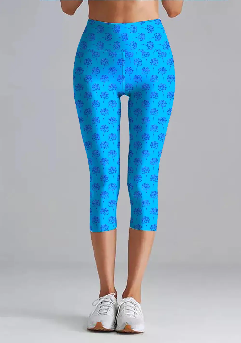 Roses Blue Women High Waist Capri Leggings Pant