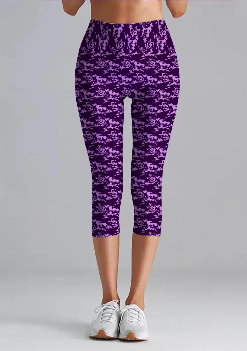 Purple Camouflage Women High Waist Capri Leggings Pant