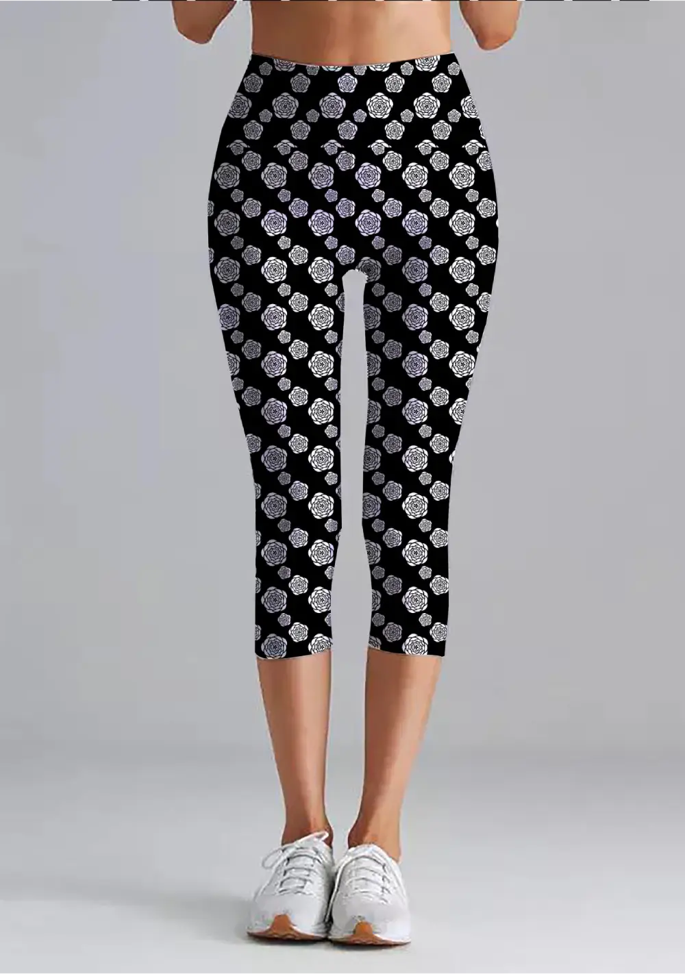 Floral Printed Black Women High Waist Capri Leggings Pant