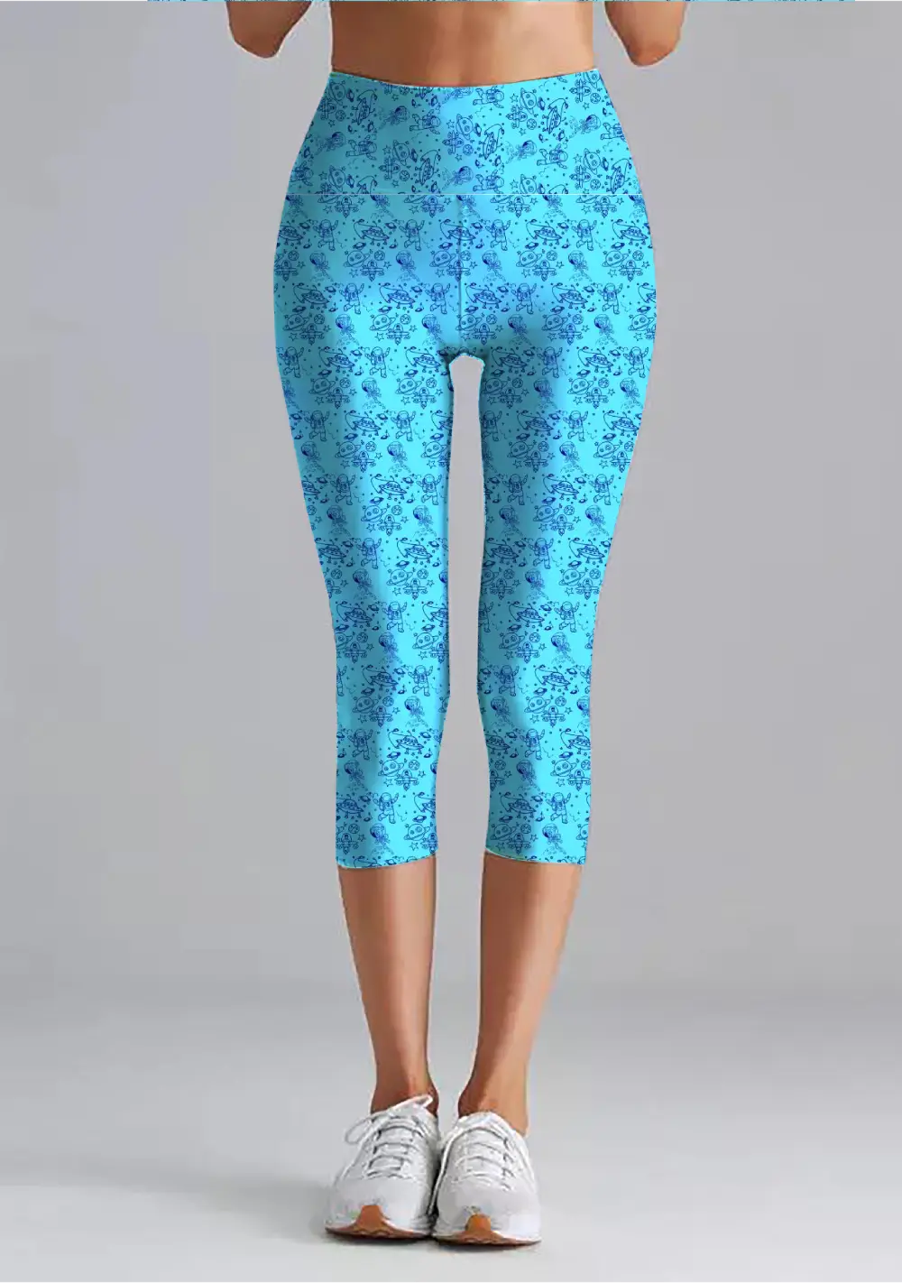 Space Doodle Print Sky Blue Women High Waist Capri Leggings Pant