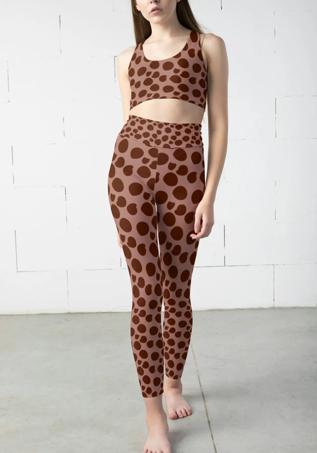 Polka Dots Brown Women Sports Tights And Bra Set