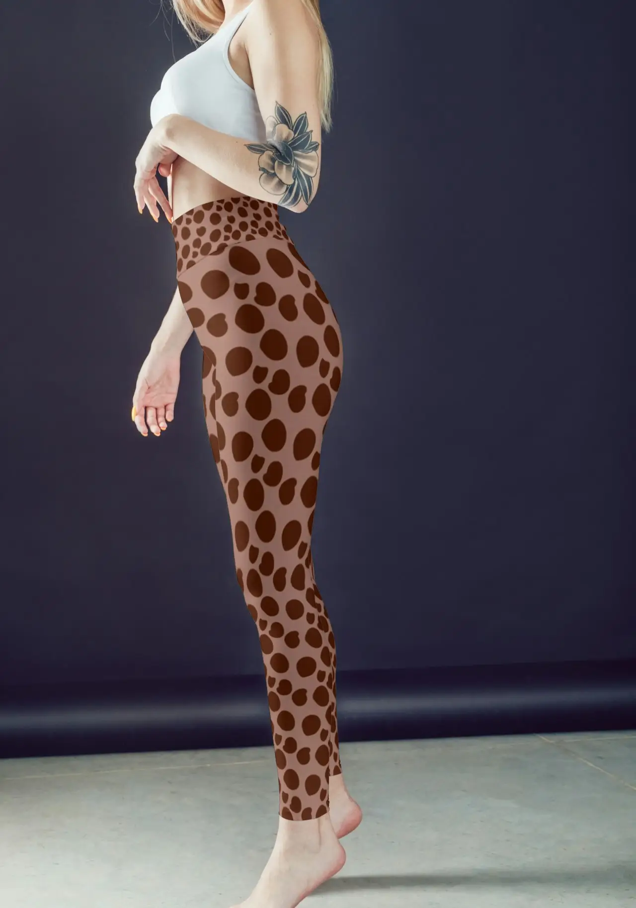 Polka Dots Brown Women Sports Tights And Bra Set - Image 2