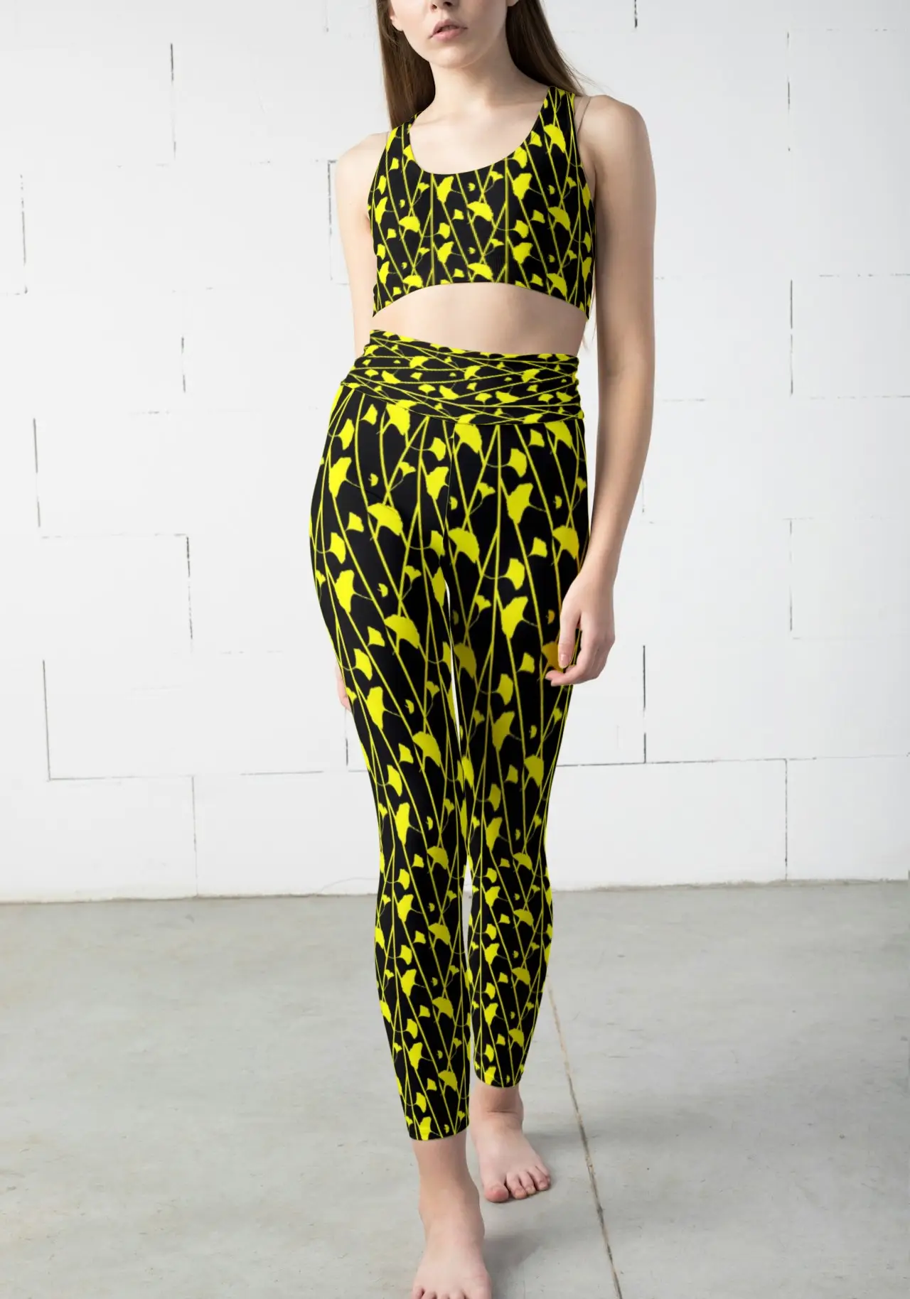 Black Yellow Floral Printed Women Sports Tights And Bra Set