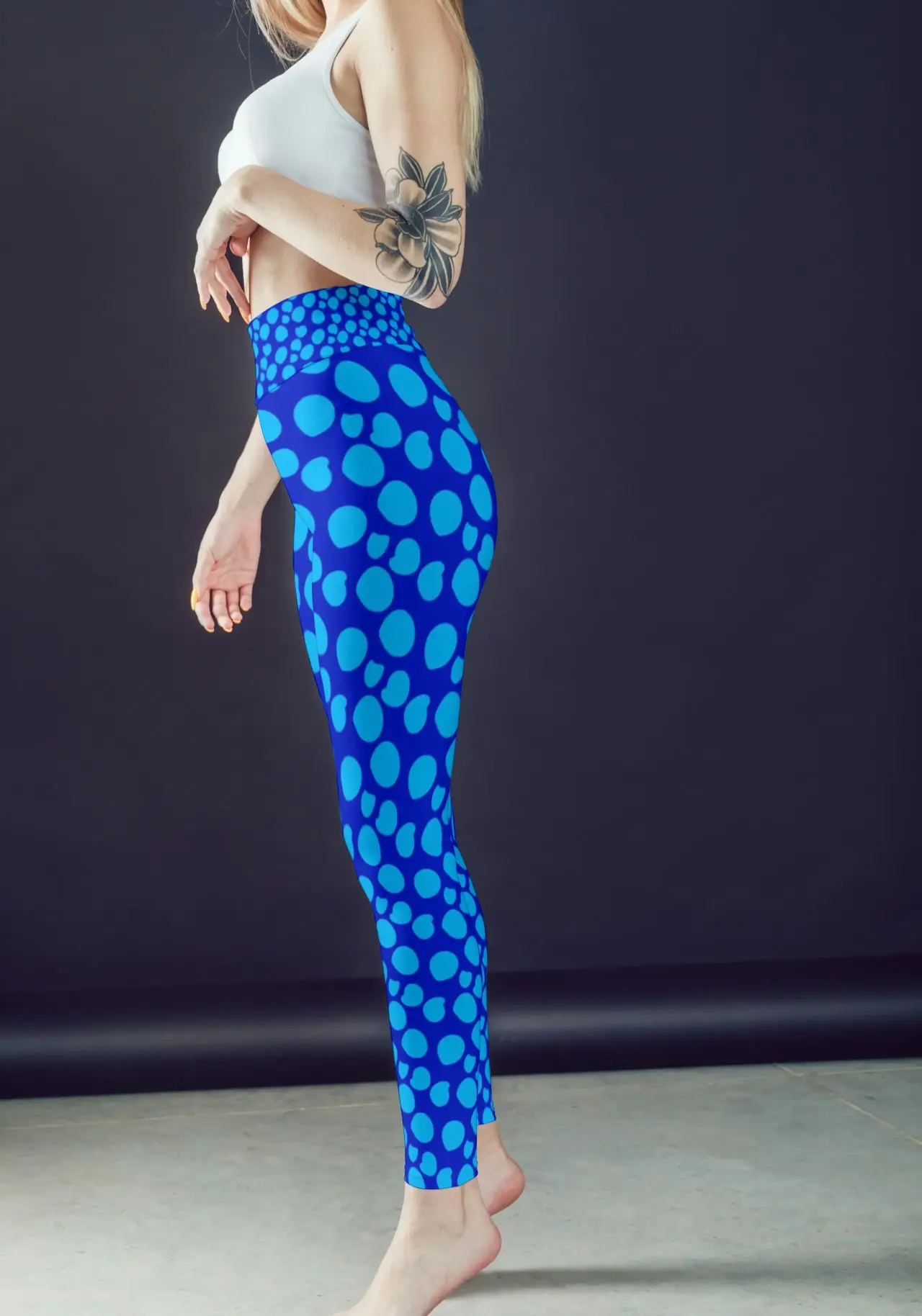 Blue Polka Dots Women Sports Tights And Bra Set - Image 2