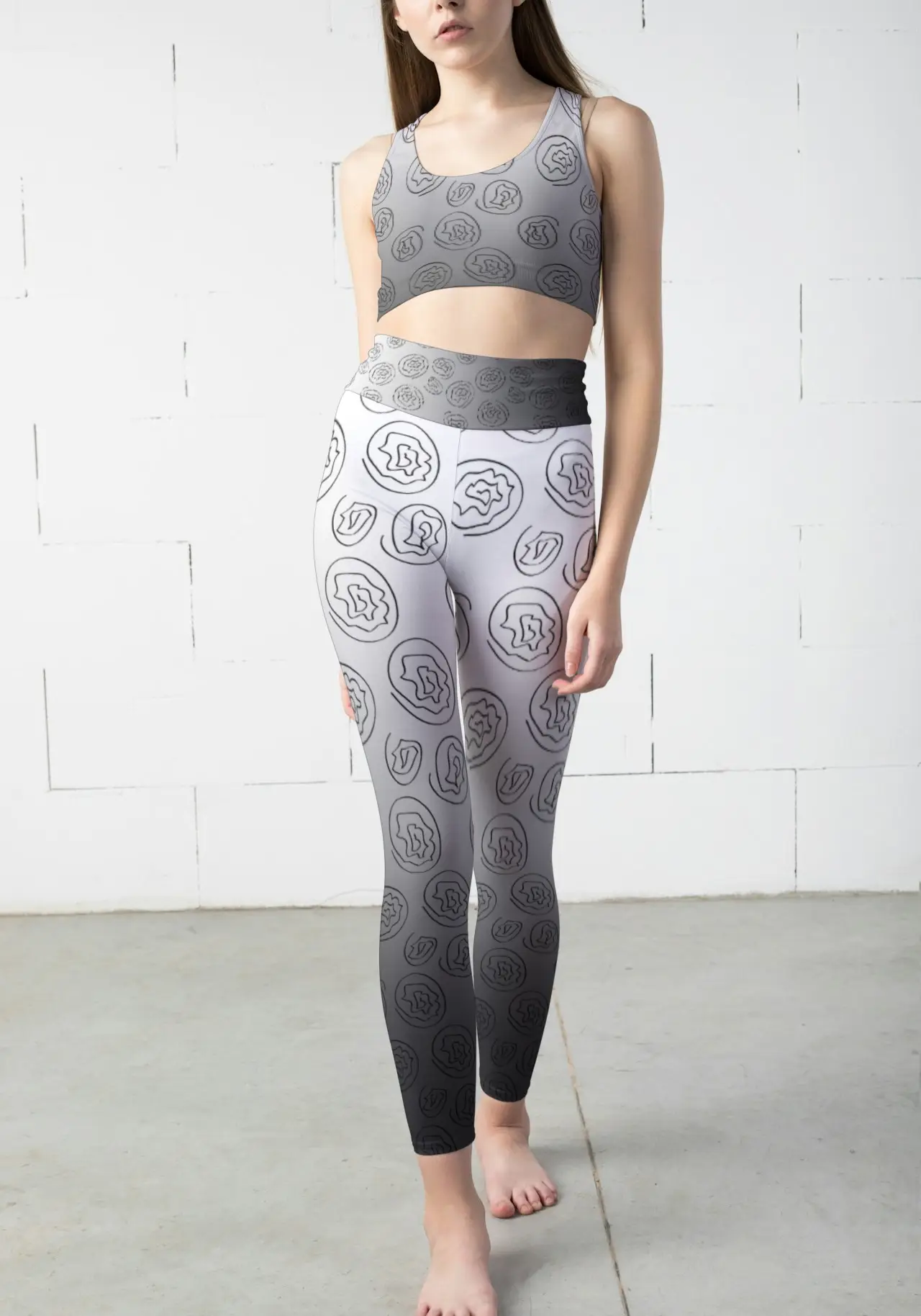 Grey Black Women Sports Tights And Bra Set