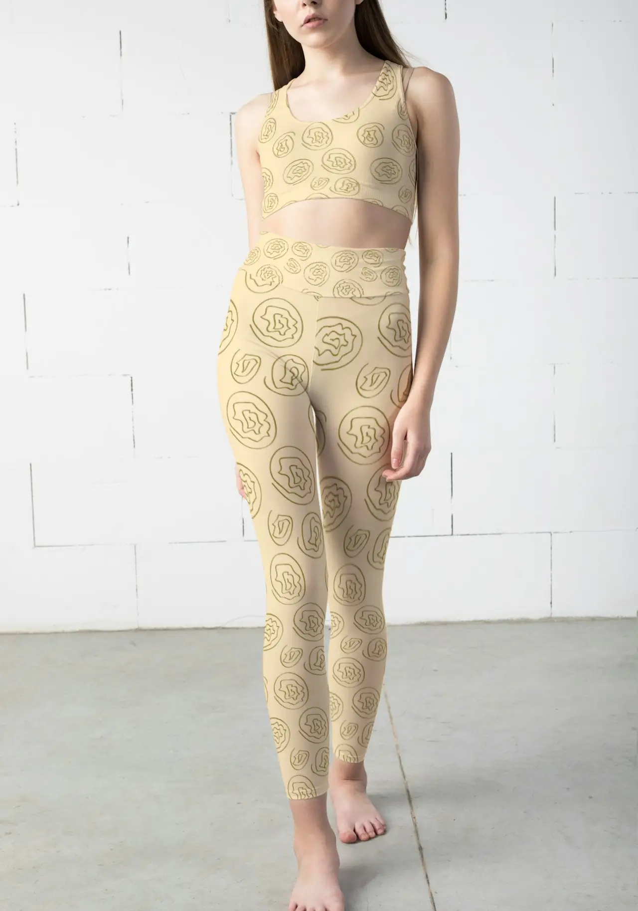 Floral Printed Creamy Yellow Women Sports Tights And Bra Set