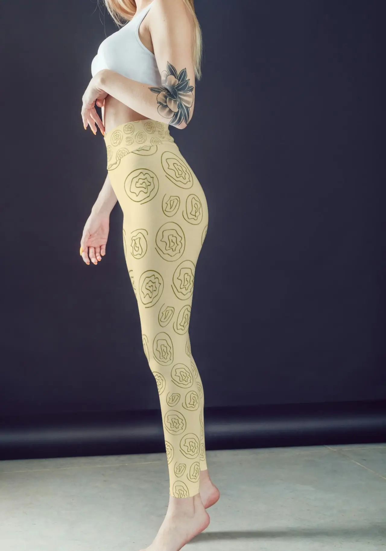 Floral Printed Creamy Yellow Women Sports Tights And Bra Set - Image 2