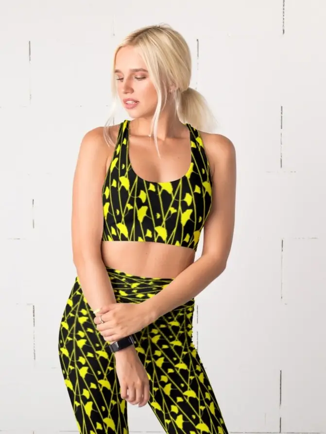 Black Yellow Floral Printed Women Sports Tights And Bra Set - Image 6