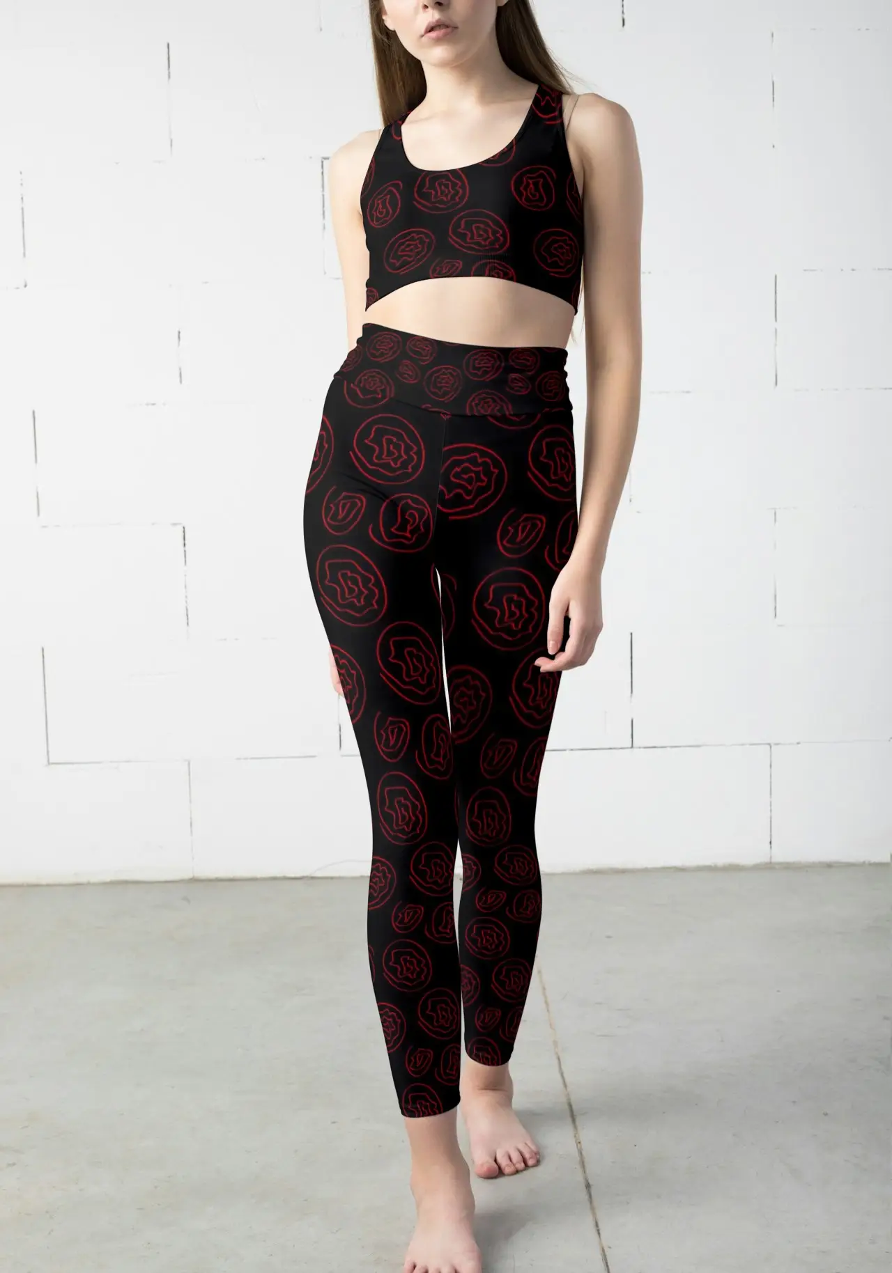 Red Flower Printed Black Women Sports Tights And Bra Set