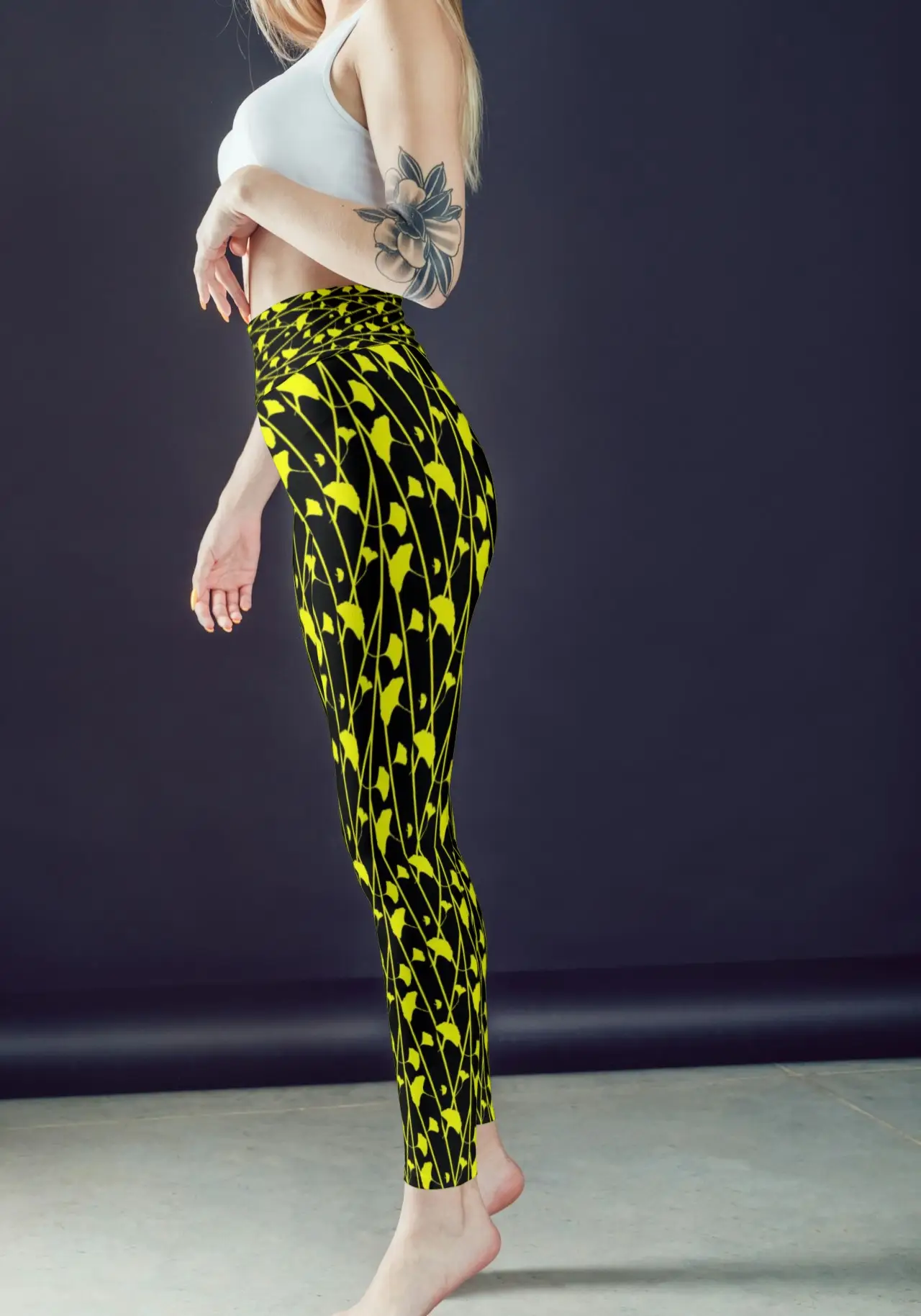 Black Yellow Floral Printed Women Sports Tights And Bra Set - Image 2