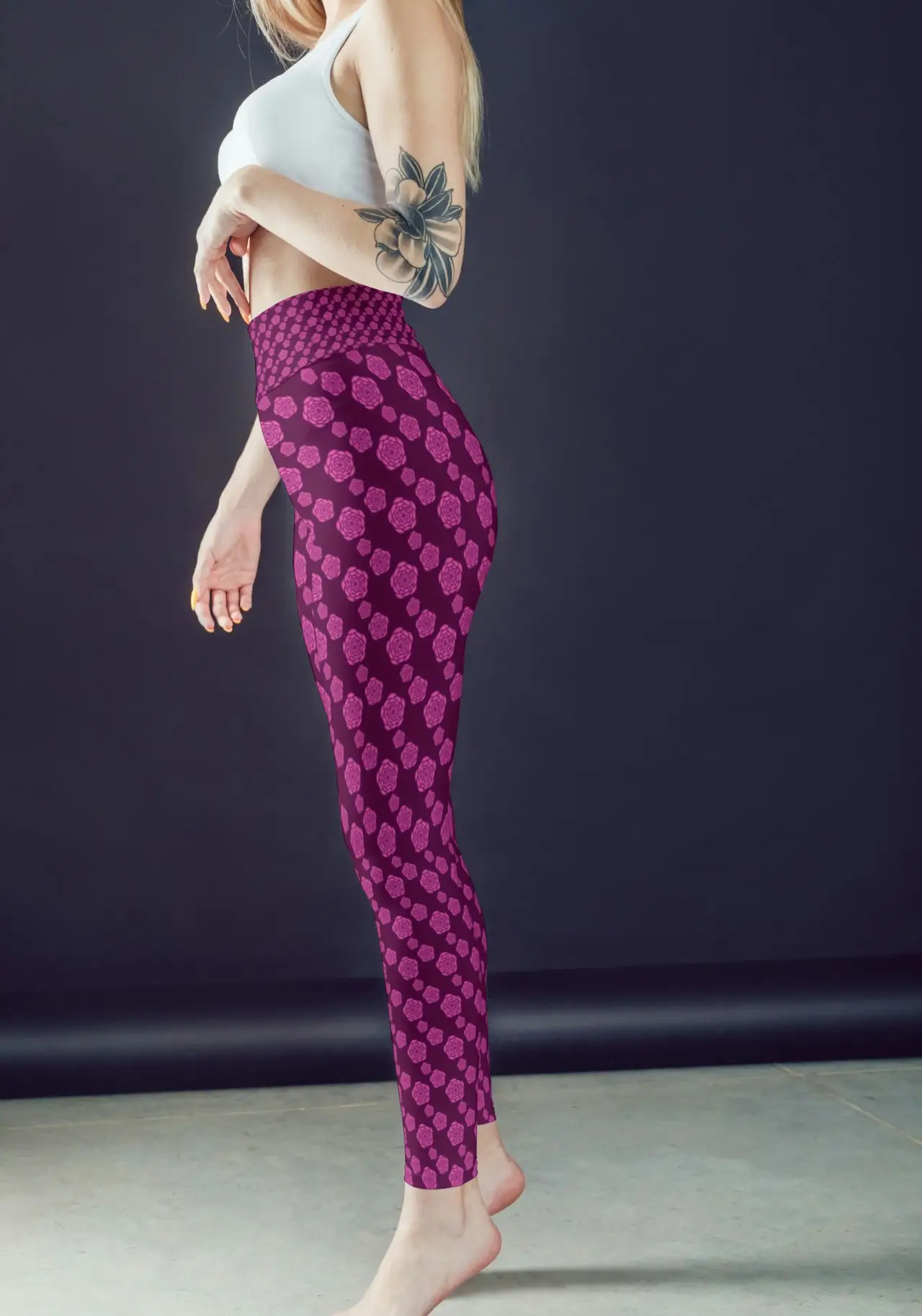 Floral Magenta Women Sports Tights And Bra Set - Image 2