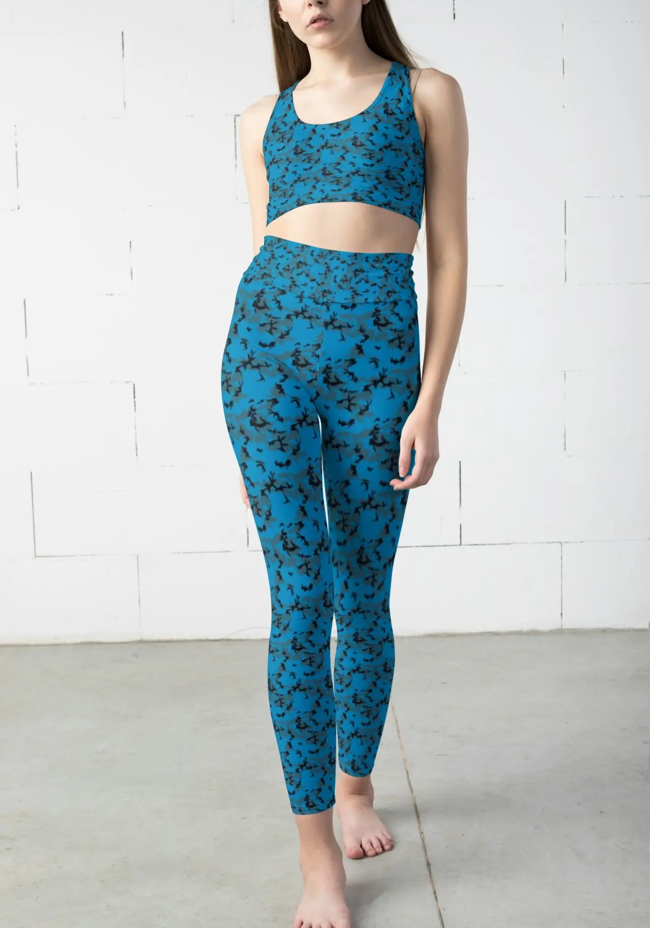 Camouflage Blue Women Sports Tights And Bra Set