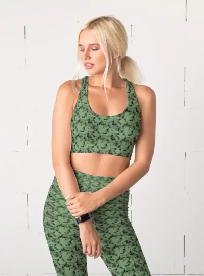Casual Camouflage Green Women Sports Tights And Bra Set