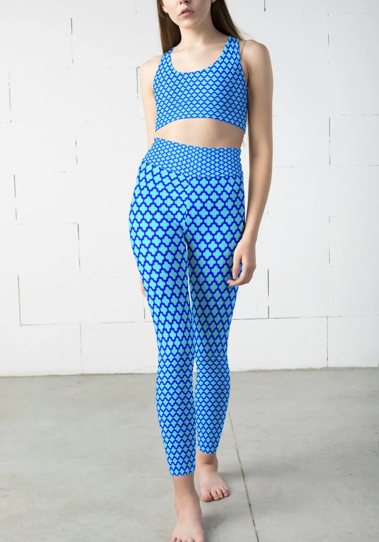 Casual Abstract Print Blue Women Sports Tights And Bra Set