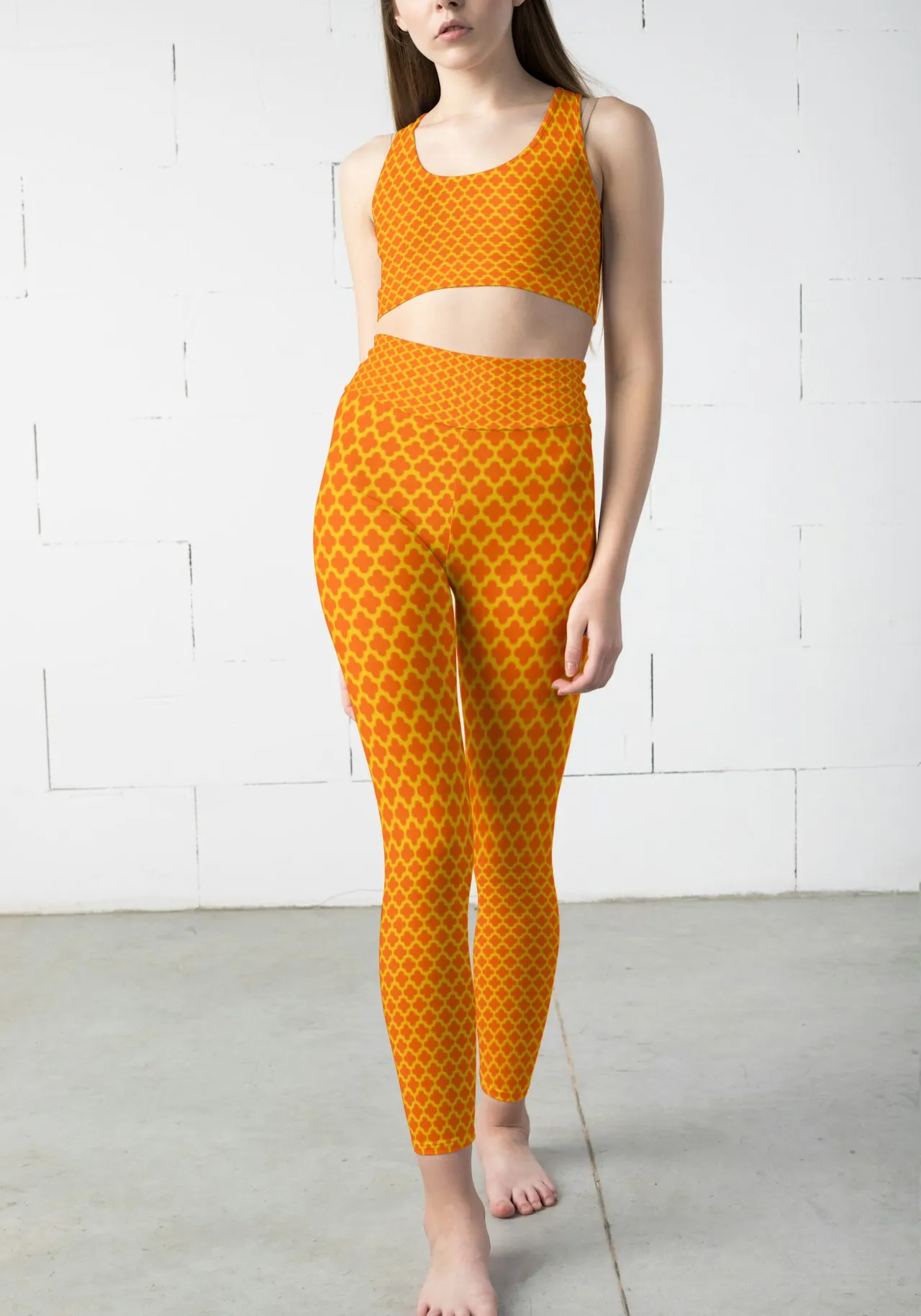 Casual Abstract Print Orange Women Sports Tights And Bra Set