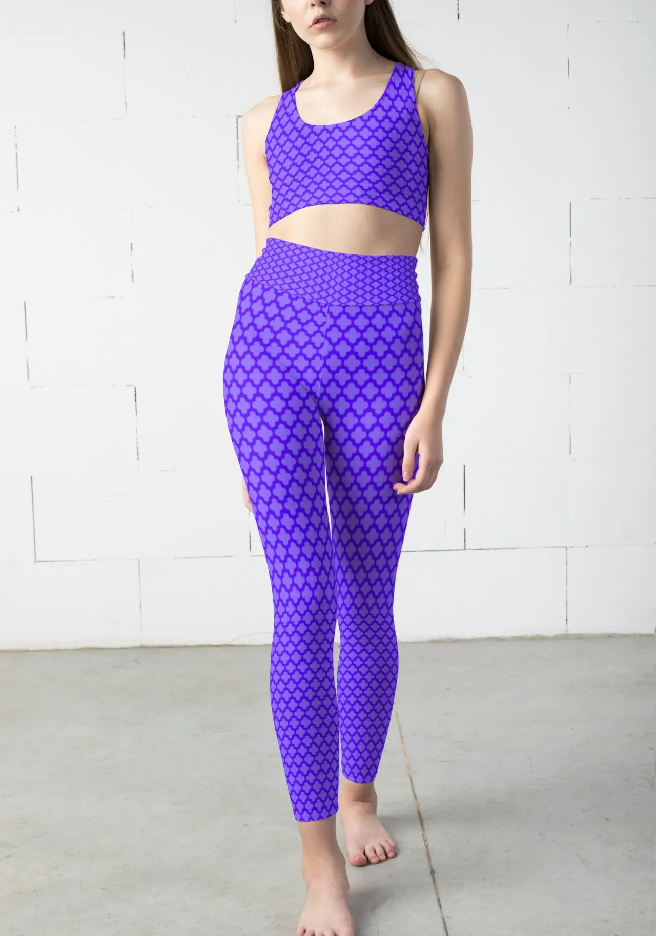 Casual Abstract Print Purple Women Sports Tights And Bra Set