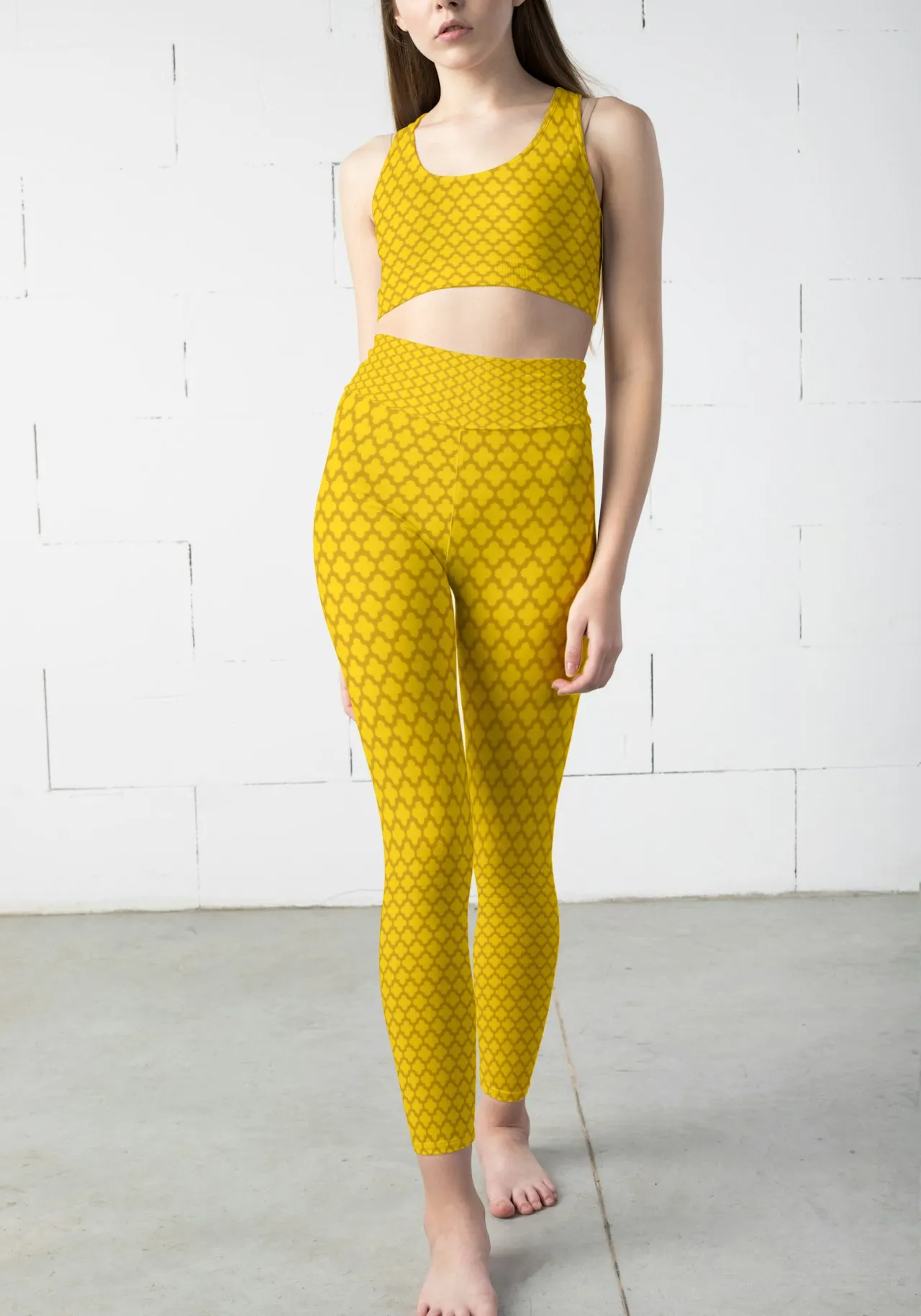 Casual Abstract Print Yellow Women Sports Tights And Bra Set