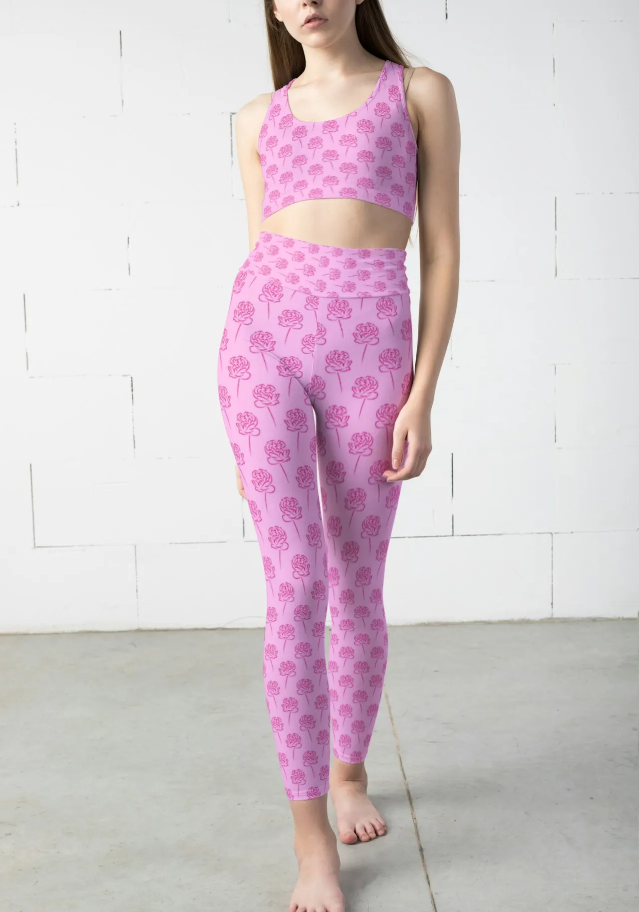 Roses Pink Women Sports Tights And Bra Set