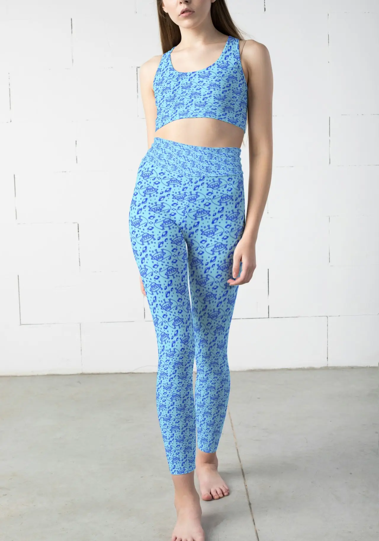 Space Ship , Planetary Prints Sky Blue Women Sports Tights And Bra Set